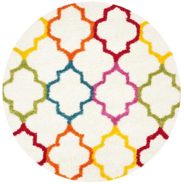 SAFAVIEH Kids Shag Ivory/Multi 7 ft. x 7 ft. Round Trellis Geometric Area Rug