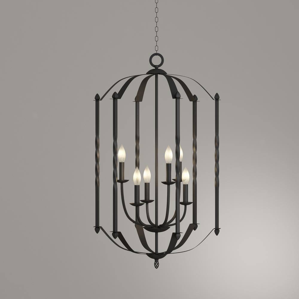 Black Iron 6-Light Farmhouse Chandelier with Twist Elements
