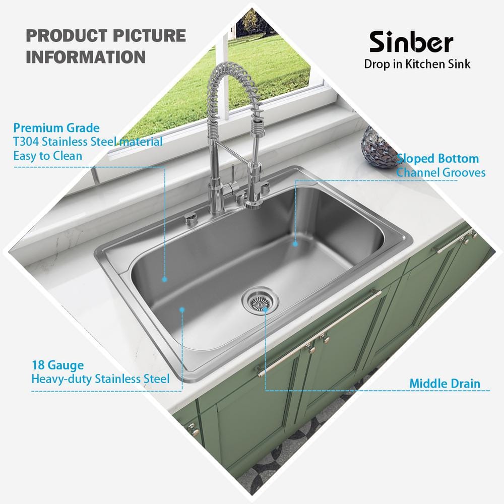 Sinber 33" Stainless Steel Single Bowl Kitchen Sink with Drainboard