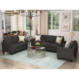 80 in. Square Arm Polyester Modern Straight 3 Piece Sofa Set in Black