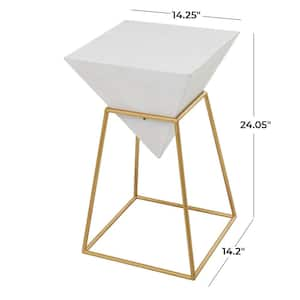 14 in. White Inverted Pyramid Geometric Large Triangle Wood End Table with Gold Metal Stand