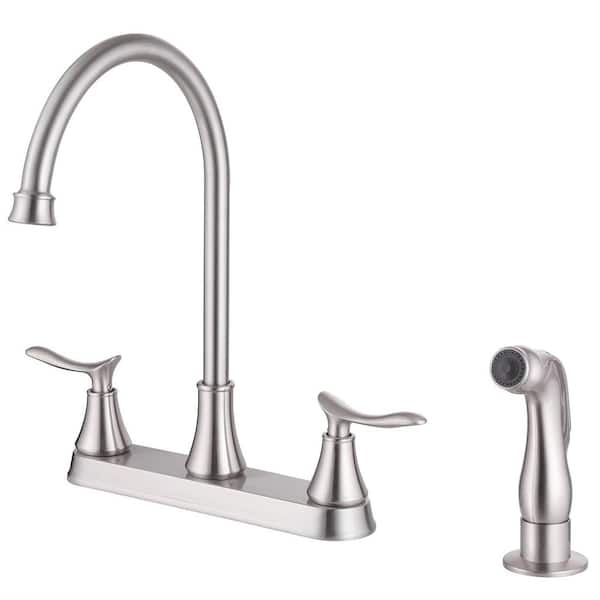 2-Handles Deck Mount 8 Inch Centerset Standard Kitchen Faucet with Side Sprayer 3 Hole or 4 Hole in Brushed Nickel