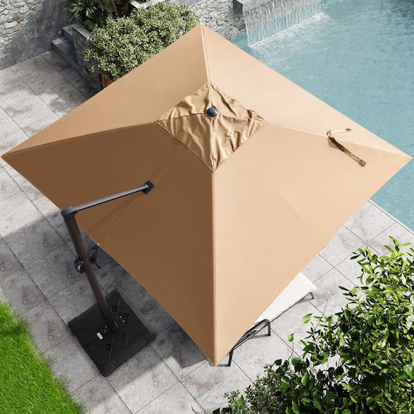 Pellebant 11 ft. x 11 ft. Square Aluminum Outdoor Heavy-Duty 360° Rotation Cantilever Patio Umbrella in Tan, No Base