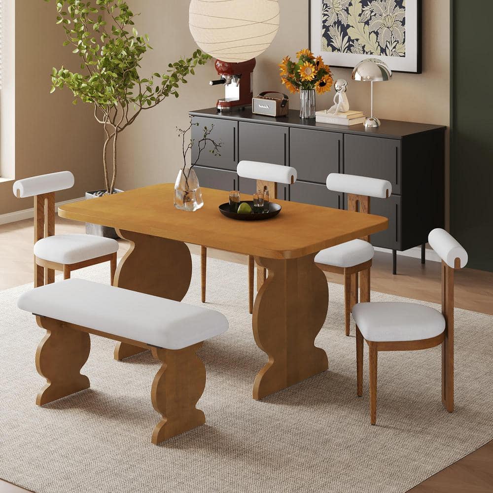 Polibi 6-Piece Mid-Century Walnut Wood Top Dining Room Set Seats 5 RS ...