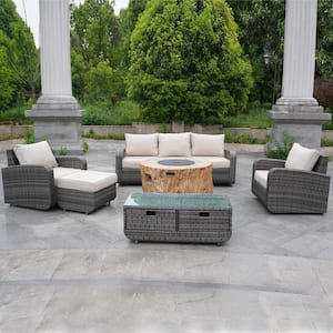 Lily Gray 6-Piece Wicker Patio Fire Pit Conversation Sofa Set with Beige Cushions