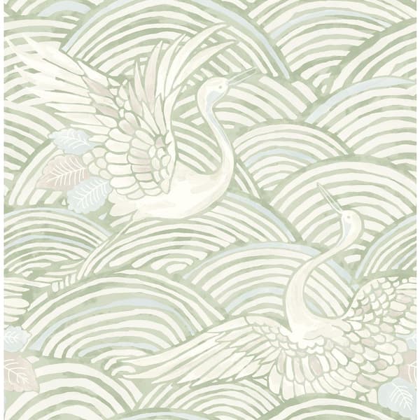 Egret Sage Green Tidal Dance Wallpaper Sample