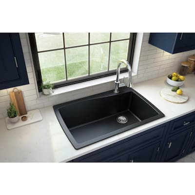 Drop-In Quartz Composite 34 in. 1-Hole Single Bowl Kitchen Sink in Black