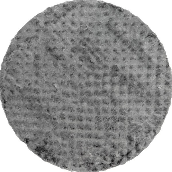 6 ft. Round Dark Grey Ivana Checkered Plush Cloud Washable Area Rug