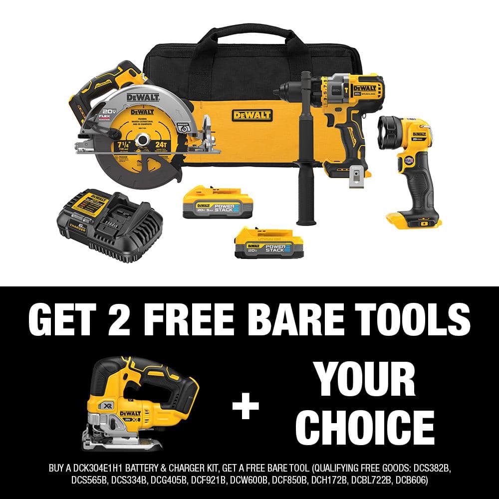 DEWALT 20V MAX Lithium-Ion Cordless 3-Tool Combo Kit and Brushless Jigsaw with 5.0 Ah Battery and 1.7 Ah Battery -  DCK304E1H1W334B