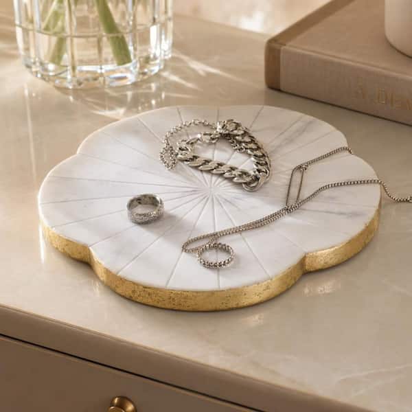 White/Gold Scalloped Marble 8 in. Tray in Flower Design