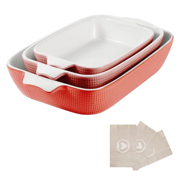 3-Piece Rectangular Ceramic Bakeware Set Stoneware Oven Safe Baking Dishes with Stackable Design Pink