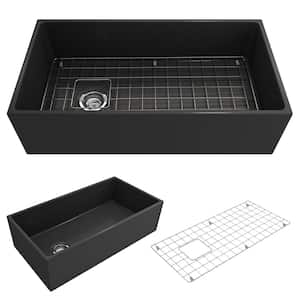 Contempo Farmhouse Apron Front Fireclay 36 in. Single Bowl Kitchen Sink with Bottom Grid and Strainer in Matte Dark Gray