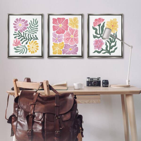 Minimal Spring Hue Flowers by Kim Allen 3 Piece Gray Floater Frame Nature Graphic Art Print 31 in. x 25 in.