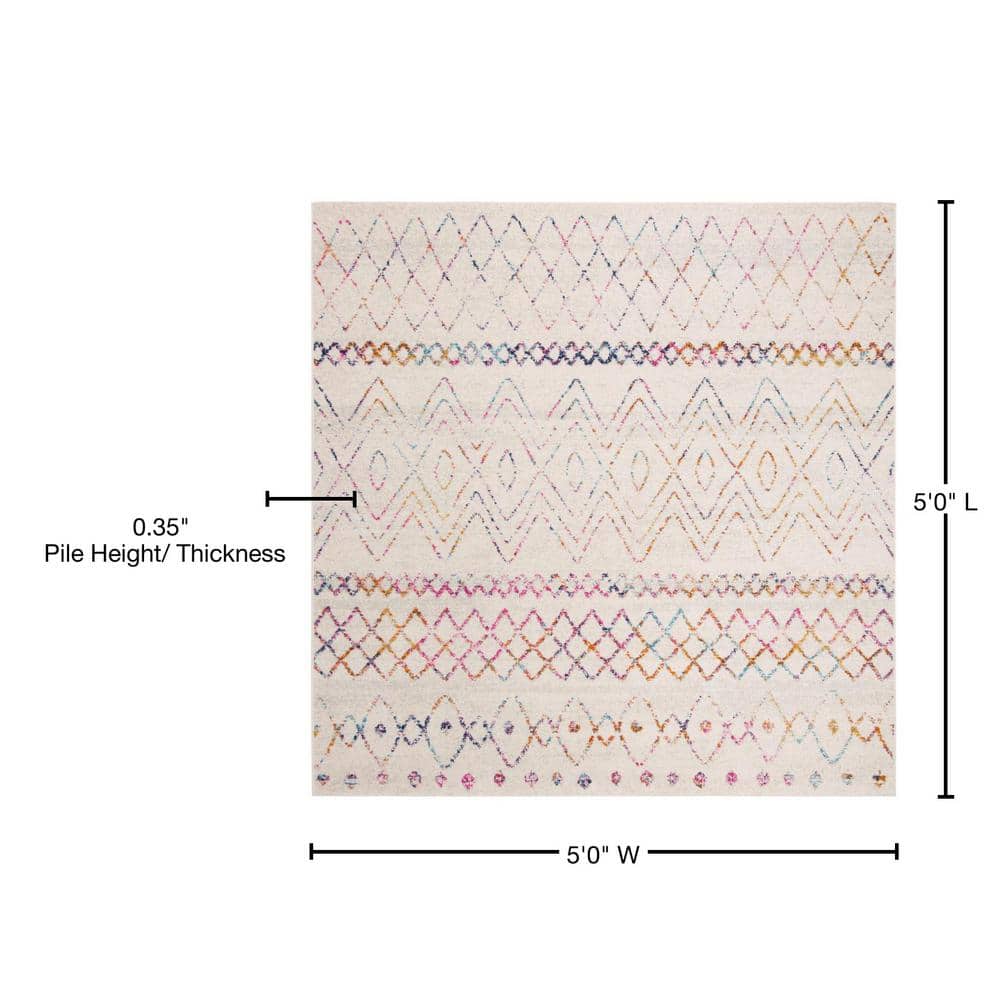 Ivory and Fuchsia Geometric Synthetic Square Area Rug