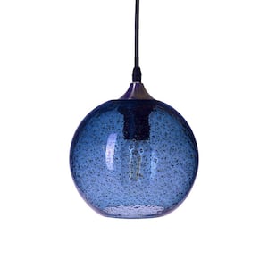 7 in. W x 7 in. H 1-Light Nickel Rustic Seeded Hand Blown Glass Pendant Light with Blue Glass Shade