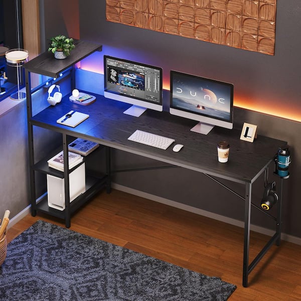 61 in. Rectangular Black Grained Computer Desk with 4-Tier Storage Shelves and Hook, Home Office Desk with LED Light