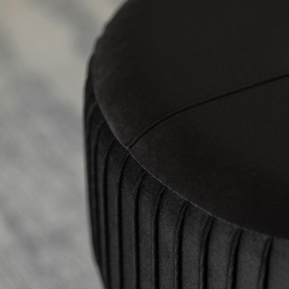 Black Velvet Round Ottoman with Gold Hairpin Base