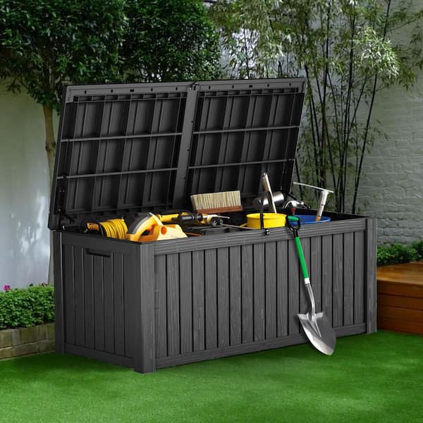 150 Gal. Outdoor Resin Deck Box with Lockable Lid, Heavy Duty Storage Bench for Patio Cushions, Toys, and Garden Tools