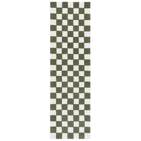 Ebony 2 ft. x 8 ft. Green/Ivory Checkered Geometric Runner Rug