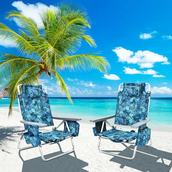 WELLFOR 5-Position Blue Leaf Pattern Outdoor Aluminum Folding Beach Chair with Pillow (4-Pack)