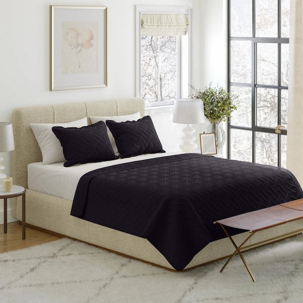 3PC King Quilt Set with Shams, Black
