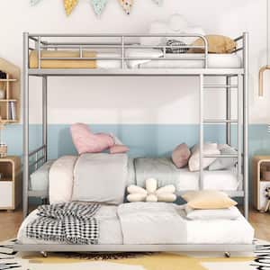 Silver Full Over Full Metal Bunk Bed with Trundle