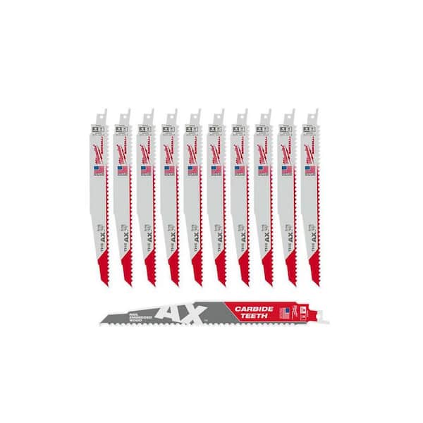 Milwaukee 9 in. 5 TPI AX Nail-Embedded Wood Cutting SAWZALL Reciprocating Saw Blades (10-Pack) & 9 in. 5 TPI AX Carbide Blade