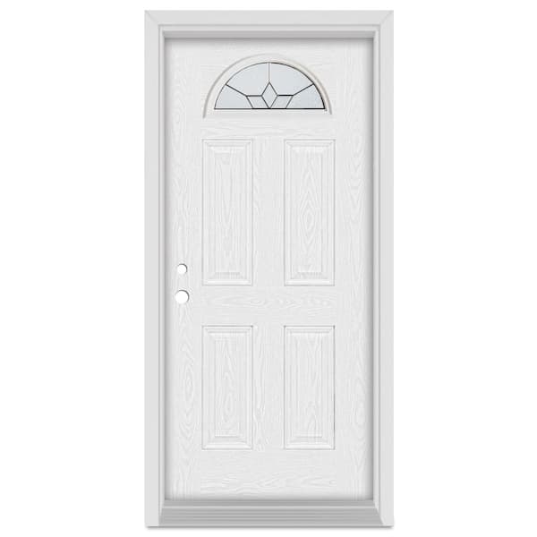 Stanley Doors 32 in. x 80 in. Geometric Right-Hand Half Moon Lite Patina Finished Fiberglass Oak Woodgrain Prehung Front Door
