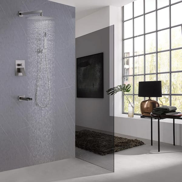 Waterfall Spout Single Handle 3-Spray Square High Pressure Tub and Shower Faucet in Brushed Nickel (Valve Included)
