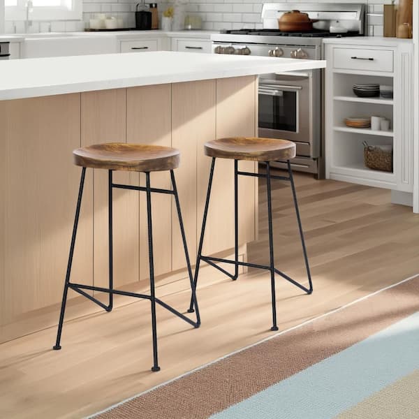 Brown and Black 28 in. Height Iron and Wood Saddle Seat Bar Stool