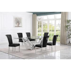 Meryl 7-Piece Rectangular Glass Top Stainless Steel Base Dining Set With 6-Black Velvet Chrome Iron Legs Chairs