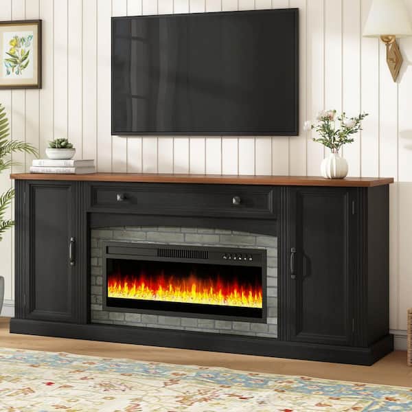 Black Heating Electric Fireplace TV Stand Fits TVs up to 70 in. with Adjustable Shelves, Cable Management, Drawer