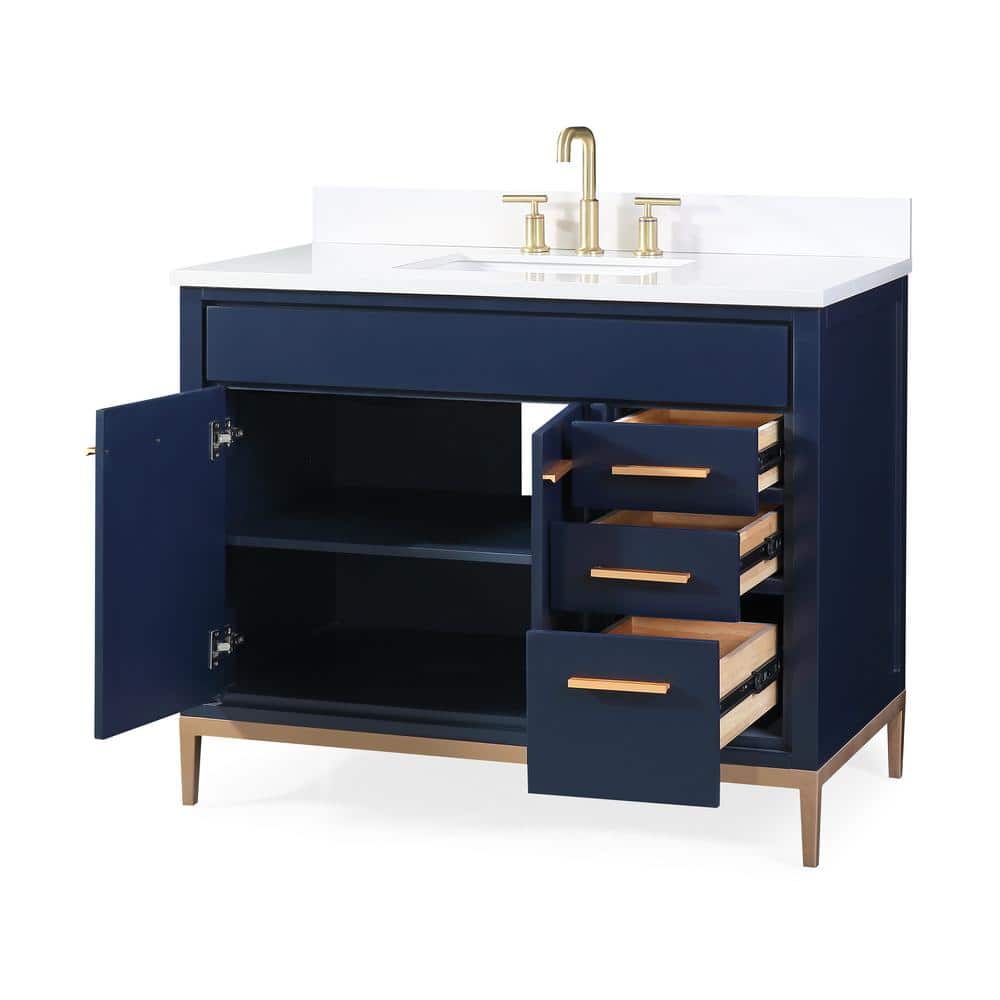 42" Dark Wood and Gold Freestanding Bathroom Vanity with White Quartz Top