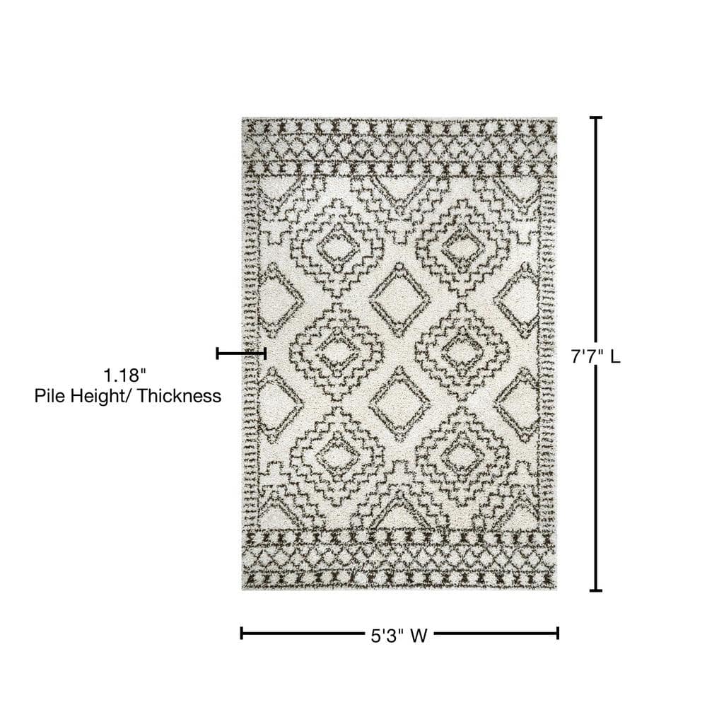Lacey Moroccan Geometric Off-White Shag Area Rug, 5'3" x 7'7"