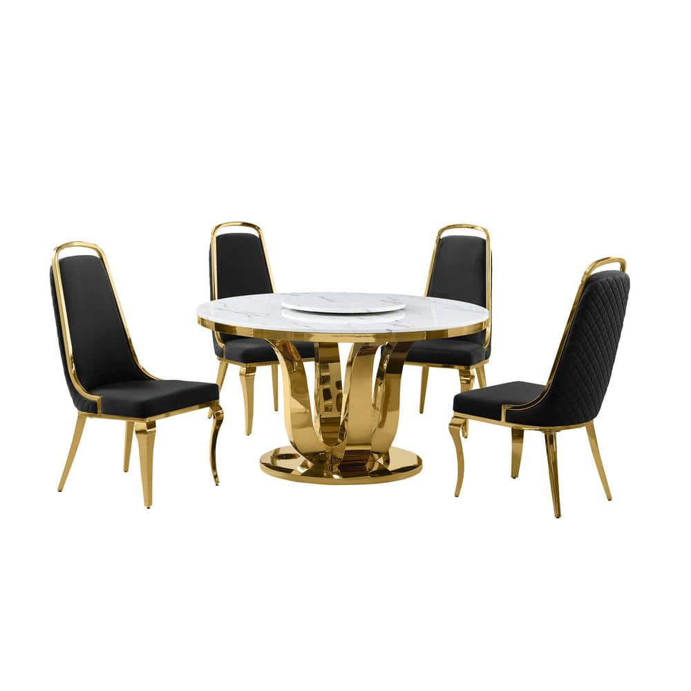 Farrah 5-Piece Round White Marble Top Lazy Susan Gold Stainless Steel Base Dining Set With 4 Black Velvet Gold Chairs -  Best Quality Furniture, D325-4SC316