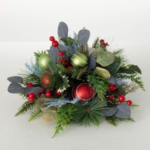 9" Shiny Ball Mixed Foliage Artificial Christmas Orb Centerpiece, Multicolor