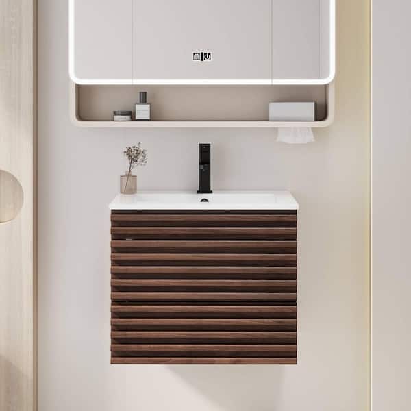 24 in. W x 18.3 in. D x 19.7 in. H Floating 1-Sink Bath Vanity in Brown with White Ceramic Top and Drain Faucet Set