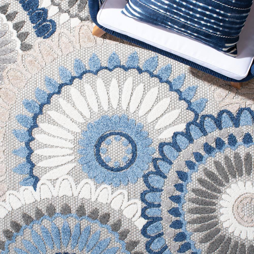 Grey and Blue Floral Synthetic 8' x 10' Reversible Area Rug