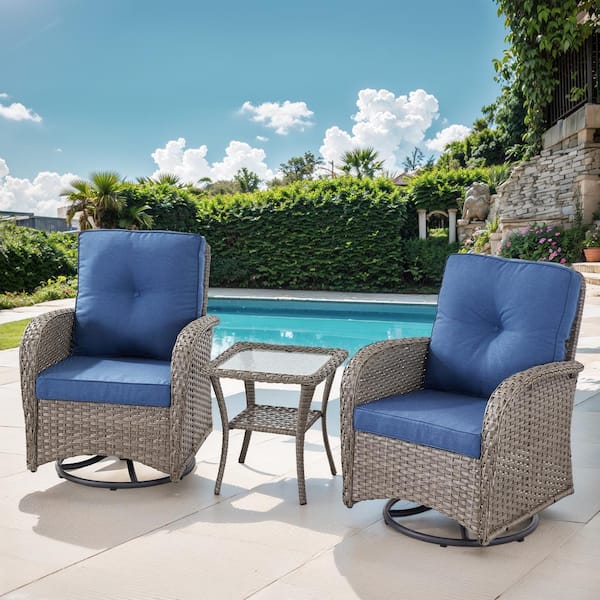 Pocassy Gray 3-Piece Wicker Patio Conversation Set with Blue Cushions and Coffee Table All-Weather Swivel Rocking Chairs
