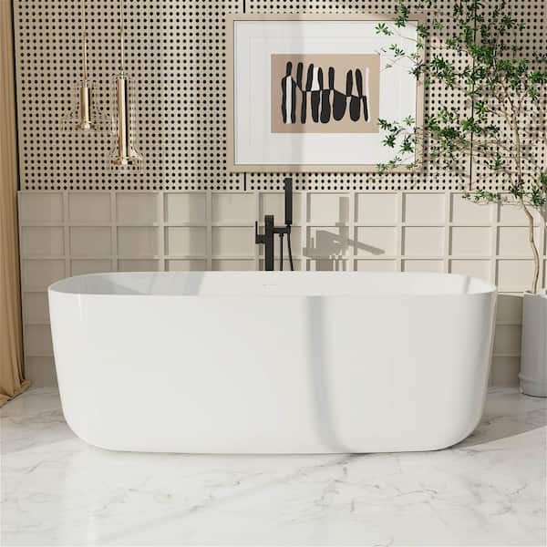 MYCASS 67 in. x 30.7 in. Freestanding Double Slipper Acrylic Soaking Bathtub with Center Drain in Bright White