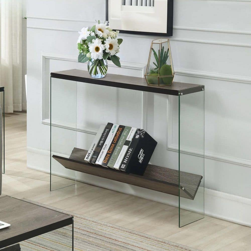 Weathered Gray Modern V Console Table with Glass Shelves