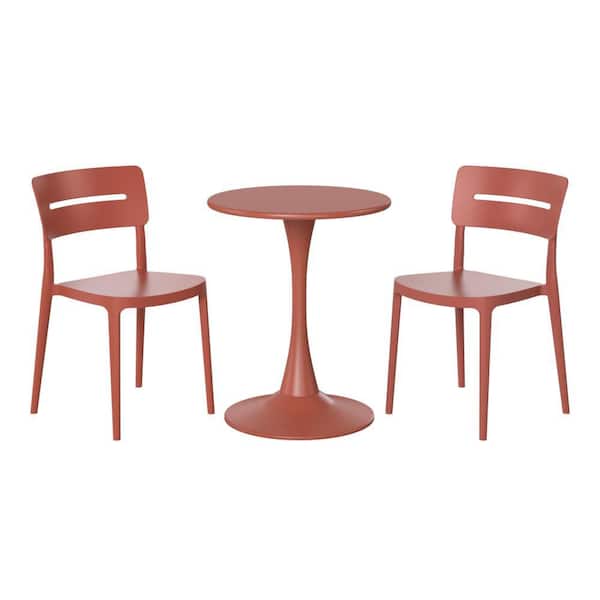 WESTIN OUTDOOR Frond and Form Outdoor Patio Modern 3-Piece HDPE Plastic Round Bistro Dining Set for 2 w/ Stackable Chairs, Red