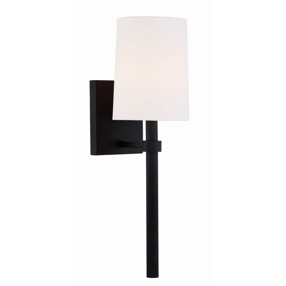 Elegant Cylinder Black Forged Wall Sconce with White Silk Shade