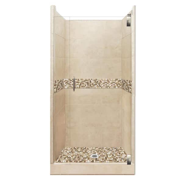 American Bath Factory Roma Grand Hinged 36 in. x 36 in. x 80 in. Center Drain Alcove Shower Kit in Brown Sugar and Satin Nickel Hardware