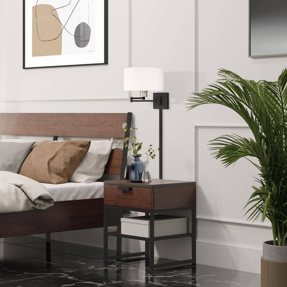 Sleek Transitional Black Swing Arm Wall Lamp with Off-White Fabric Shade