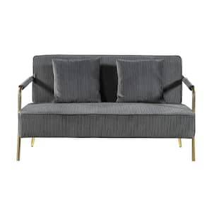 56 in. Gray Velvet Upholstered 2-Seater Loveseat Sofa with 2 Throw Pillows and Gold Metal Legs