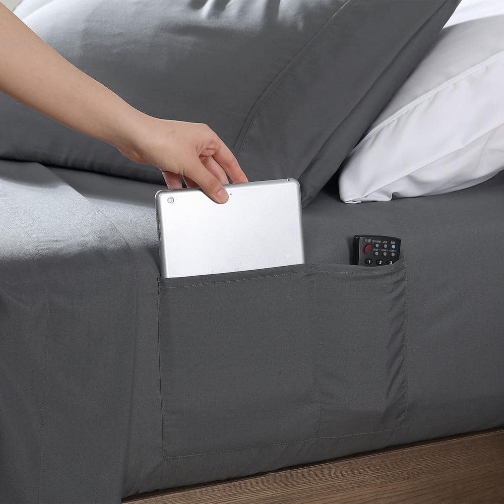 Gray Queen Microfiber Sheet Set with Smart Storage Pockets