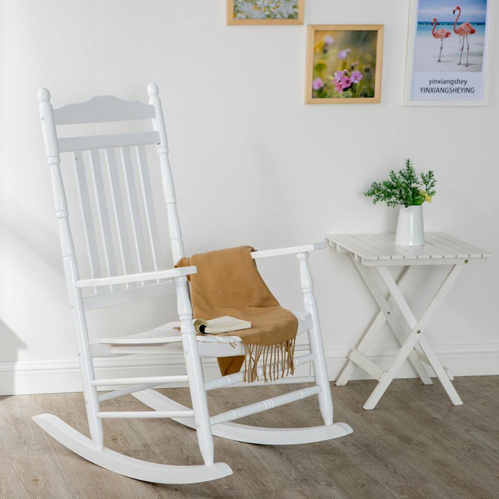 White Wood Traditional Outdoor Rocking Chair Set with Foldable Side Table