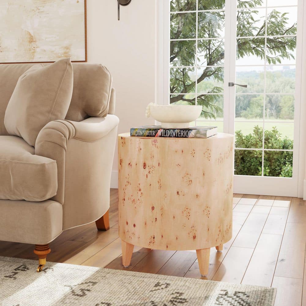 Billie 22 in. W Light Brown Round Burl Wood Drum End Table 5789443