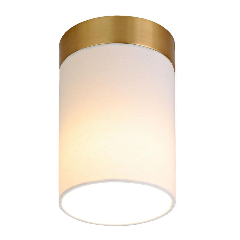 Brushed Brass and White Linen Tube-Shaped Ceiling Light